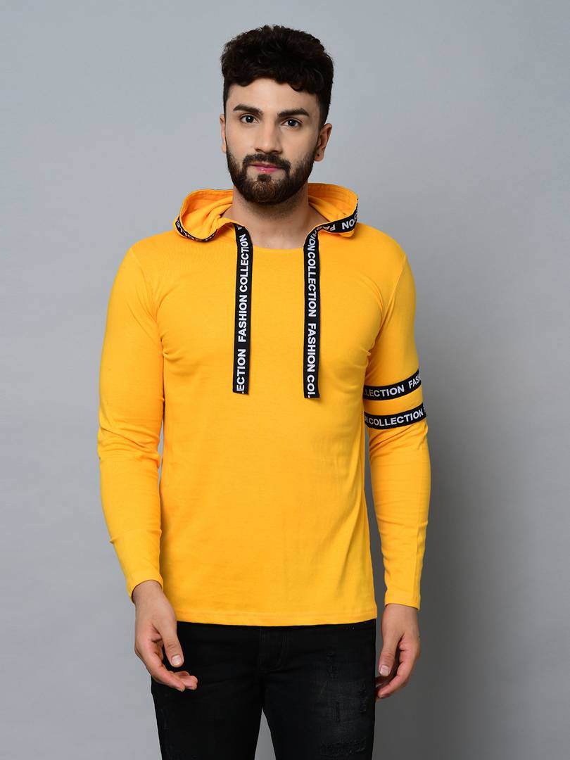 Men's Yellow Cotton Self Pattern Hooded Tees - SVB Ventures